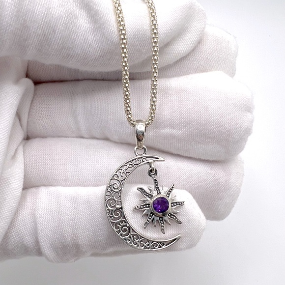 Genuine Amethyst .925 Sterling Silver Moon Necklace - Picture 7 of 13